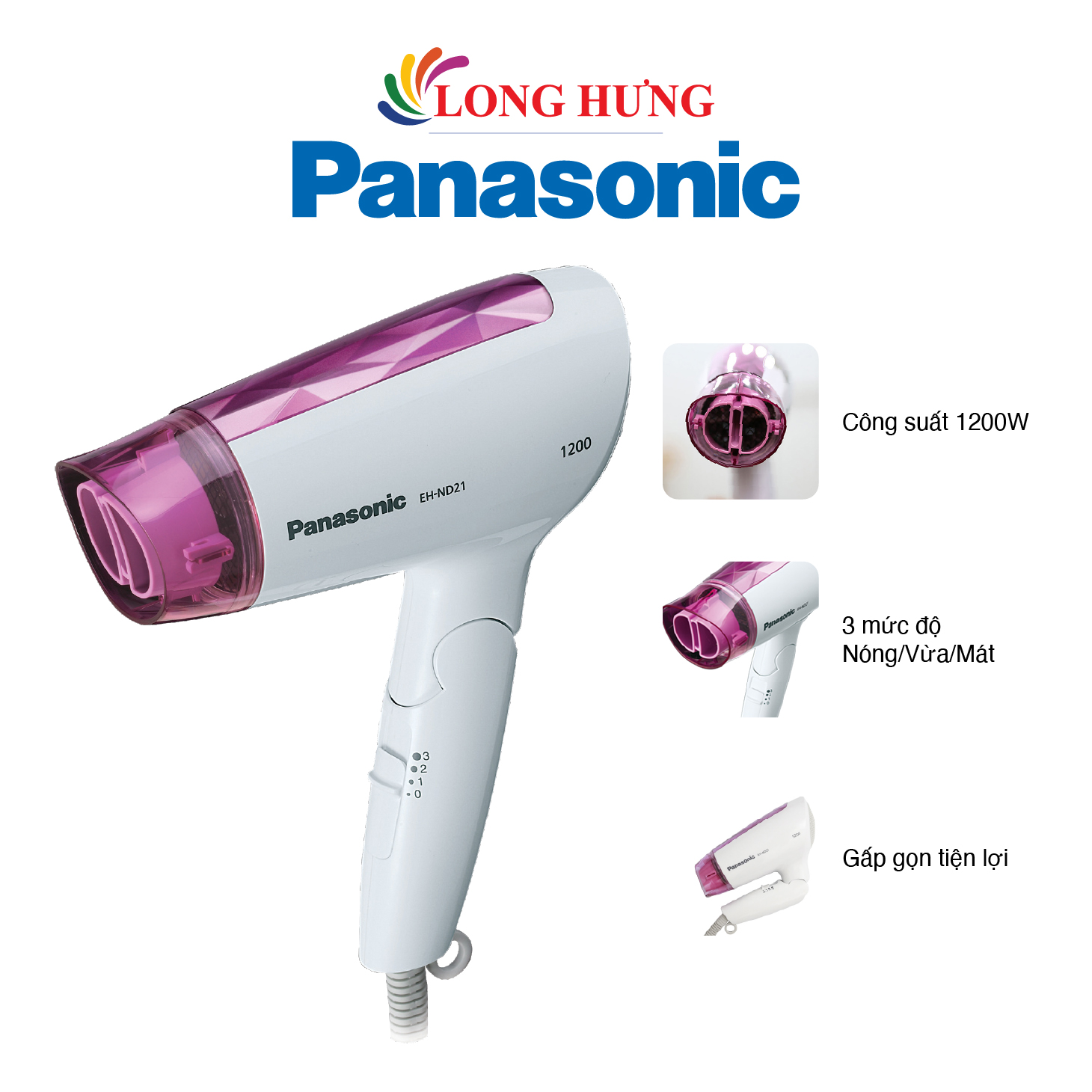 Máy sấy tóc Panasonic EH-ND21-P645 - Hàng chính hãng - Công suất 1000W sấy khô nhanh, 2 đầu sấy tạo kiểu, tự động ngắt khi quá nhiệt