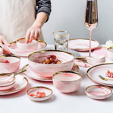 Bộ bát đĩa Gốm sứ cao cấp Men Gấm họa tiết vân đá viền hồng cao cấp sang trọng 32 sản phẩm dùng bữa ăn gia đình nhà hàng khách sạn