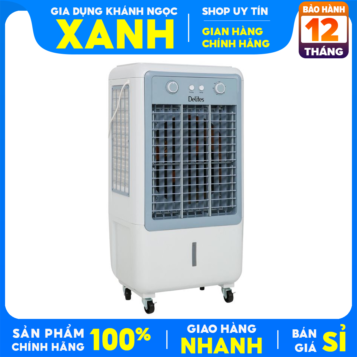 Quạt điều hoà, quạt hơi nước làm mát delites br-a12 -hàng trưng bày mới 98%-phạm vi làm mát 20-35 m² công suất:125 w-tự ngắt bơm khi cạn nước -bảo hành 12 tháng