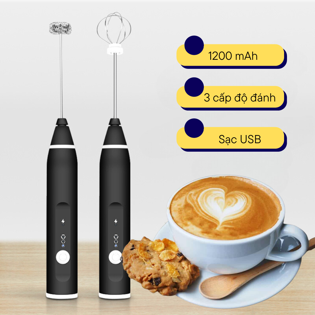 Máy tạo bọt cà phê cầm tay mini 1200mAH, tạo bọt cafe chạy điện sạc USB 3 tốc độ siêu tiện lợi