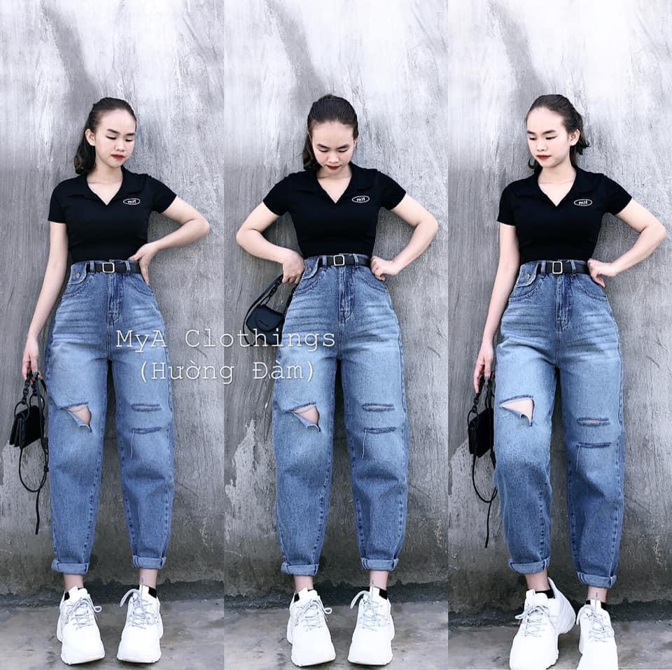 ☀️BAGGY JEANS TÚI NẮP RÁCH 3 LINE+ CROP PETTER ĐEN