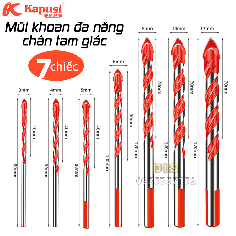 Bộ 7 mũi khoan đa năng 2 cạnh Kapusi Japan chân tam giác 3/4/5/6/8/10/12mm phù hợp khoan nhiều chất liệu – khoan gạch men, đá hoa, đá granit, nhựa, gỗ, thủy tinh, khoan kính, khoan gỗ, mũi khoan tường, mui khoan tuong, mui khoan