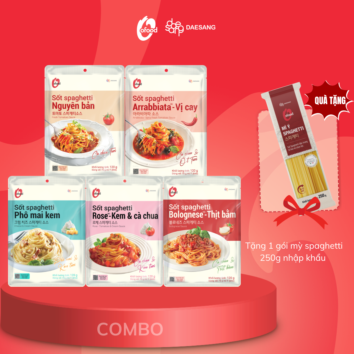 [Tặng mì ý] Combo 5 sốt spaghetti mix 5 vị mới 120g, sốt mì ý tiện lợi, ngon chuẩn vị nhà hàng
