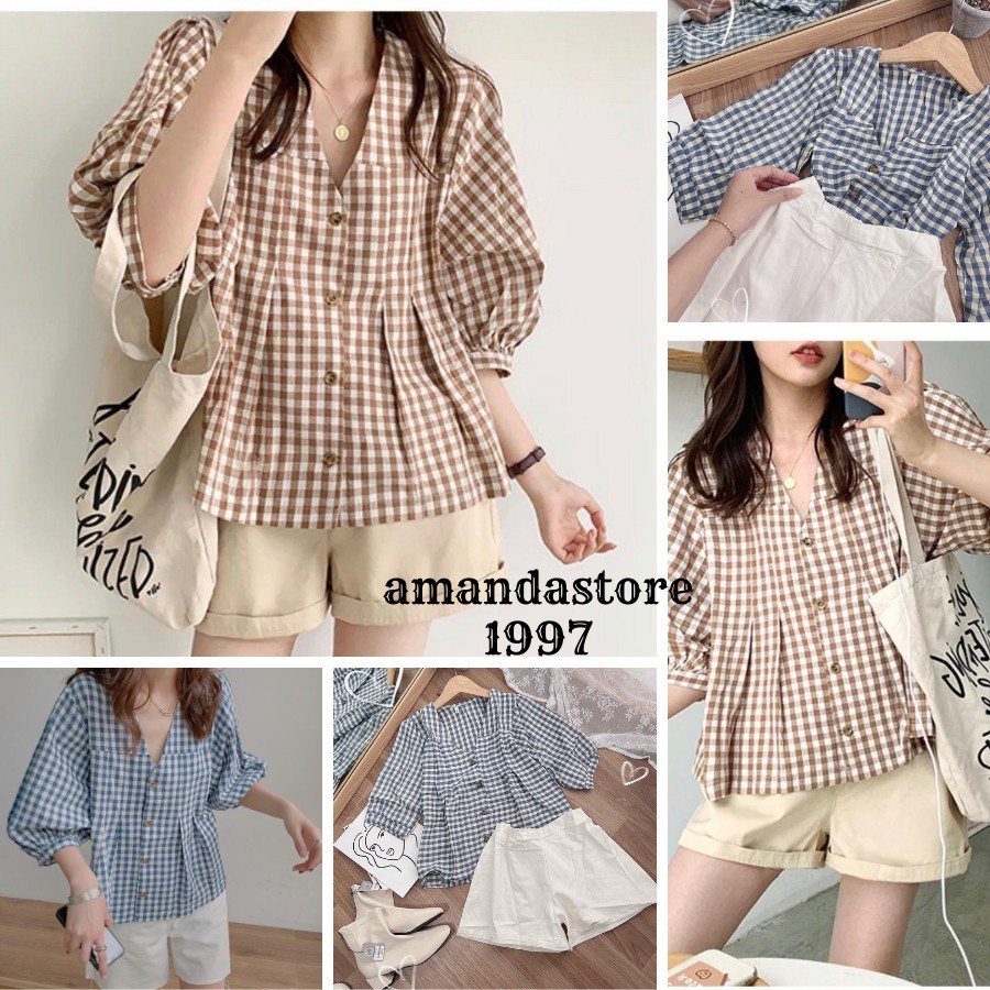 Set áo kẻ caro phối quần short be basic..Set áo kẻ caro kèm quần đùi đũi siêu xinh