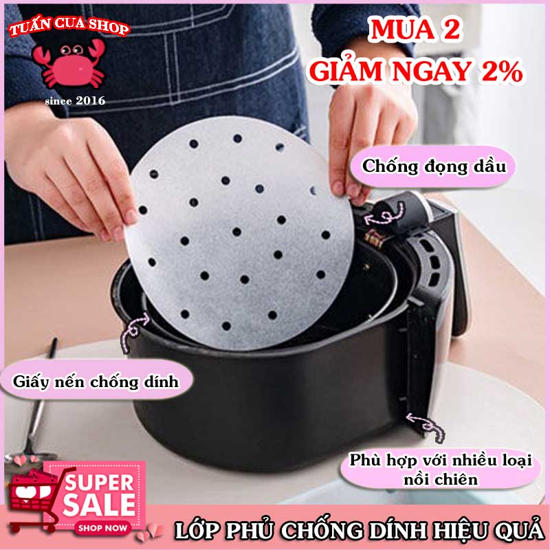 SET 100 tờ giấy nến đục lỗ dùng cho nồi chiên không dầu đường kính 23cm, phụ kiện làm bánh, giấy thấm dầu thừa (GN23), tuancua