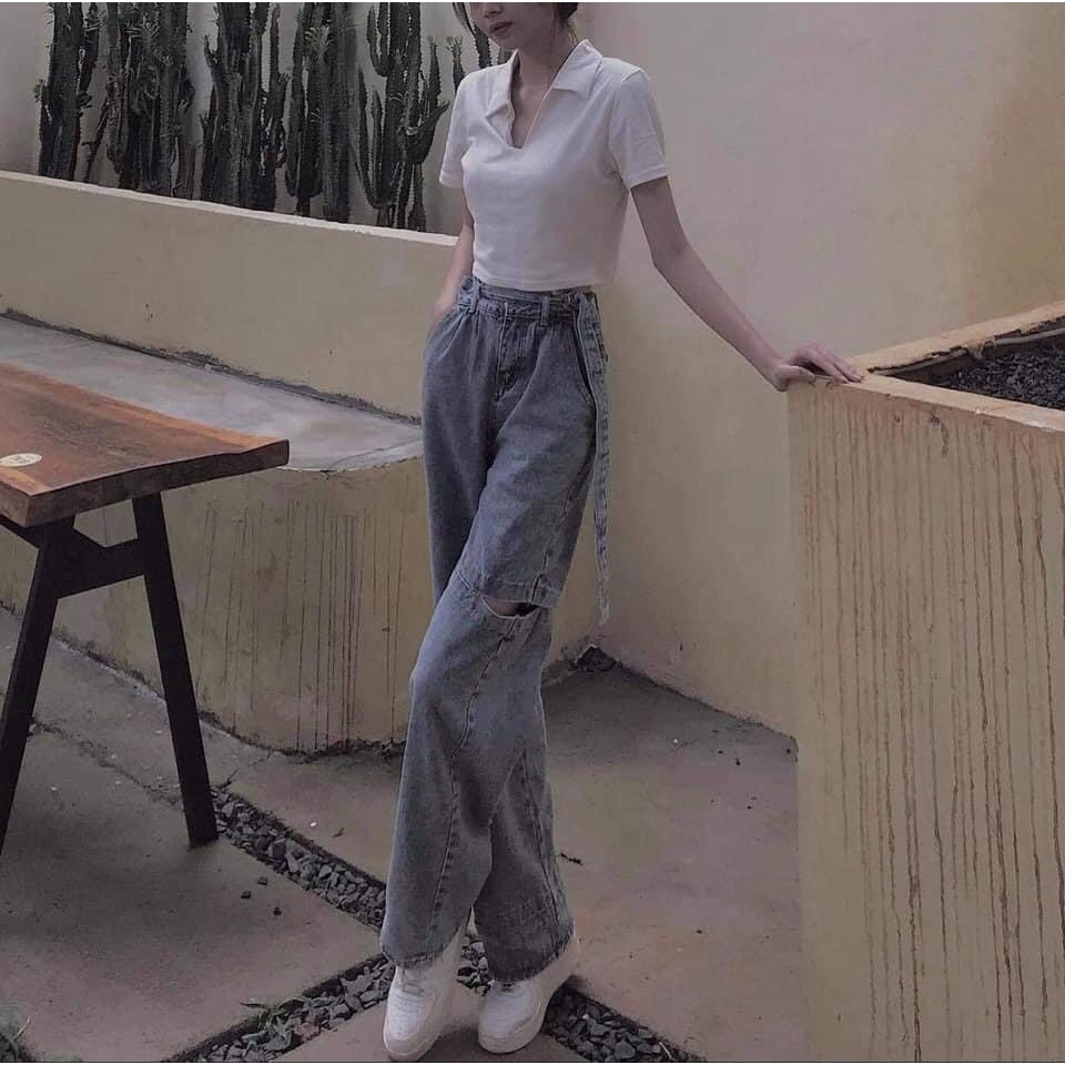 ☽ quần jean bò ống suông rách sườn chân bên dáng dài cạp cao cực hót đủ size