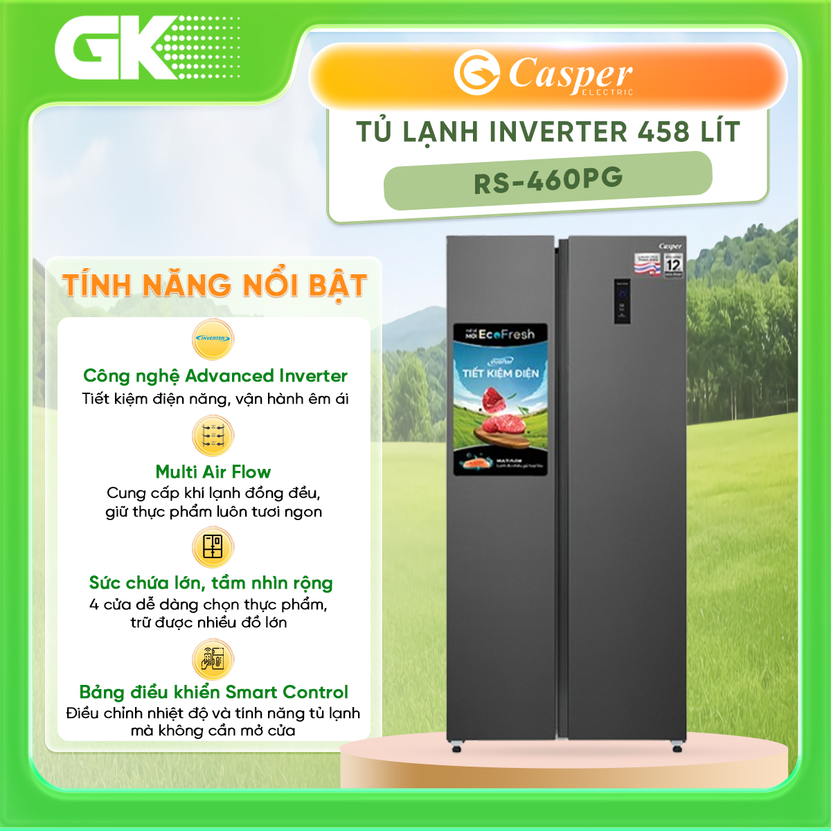 Tủ lạnh Casper Inverter 458 lít Side By Side RS-460PG - Bảng điều khiển cảm ứng bên ngoài cửa tủ Có khóa Đèn LED chiếu sáng Làm lạnh đa chiềuTrực tiếp - GIAO TOÀN QUỐC - FREESHIP HCM