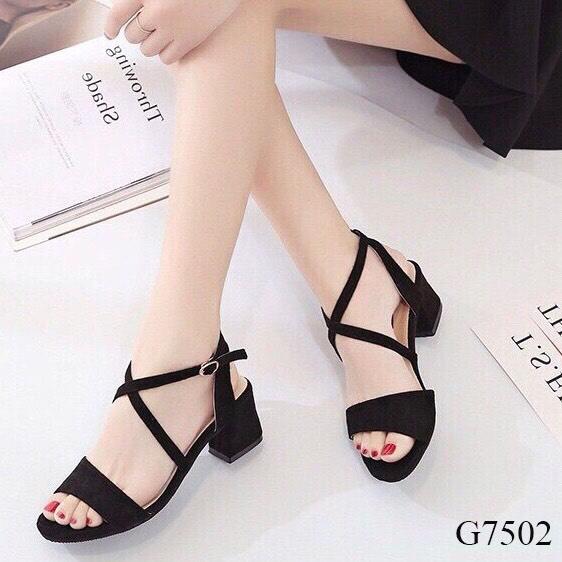 Giày cao gót / sandal cao gót nỉ đan dây chéo nữ cao cấp đế vuông đen cao 5p citas - ctg7502