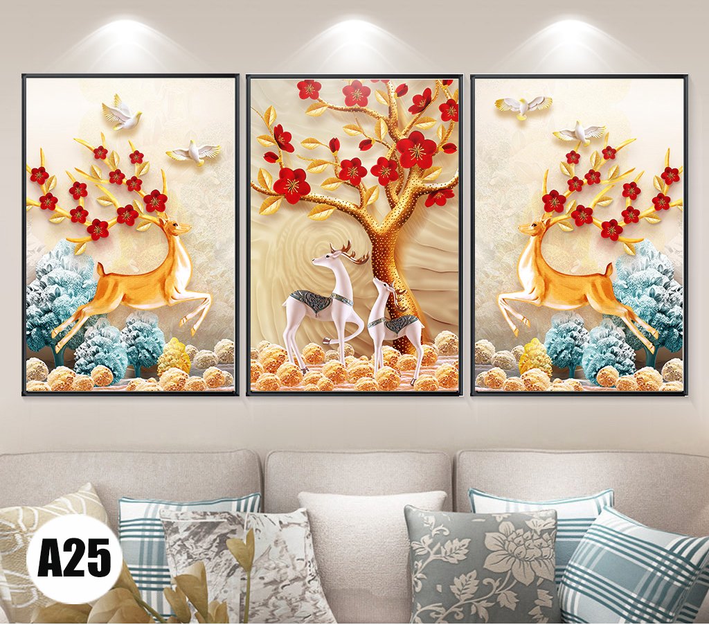 Bộ 3 bức tranh treo tường 3 bức họa tiết hươu tài lộc