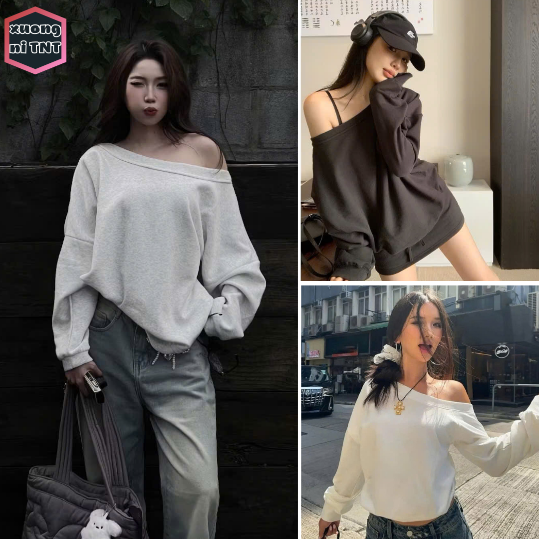 áo nỉ sweater nữ trễ vai, áo hoodie lệch vai dài tay form rộng phong cách Hàn Quốc - xuongniTNT