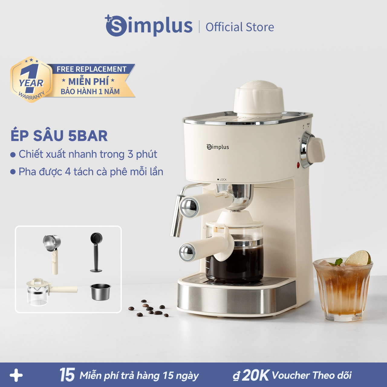 Simplus Máy pha cà phê máy pha cà phê Ý nhỏ gọn bán tự động áp suất 5 Bar tay cầm 51mm giữ nhiệt ổn định tạo bọt sữa bằng hơi thao tác đơn giản bình nước 240ml pha được latte và cappuccino KFJH021 