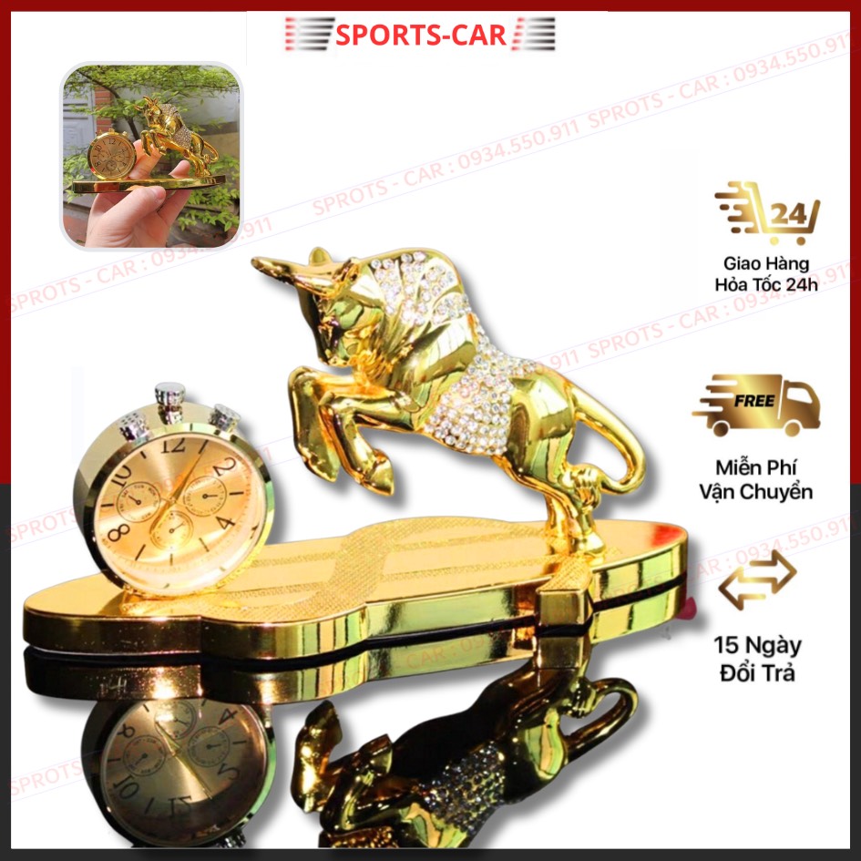Tượng trâu vàng đính đá phong thủy để taplo ô tô bàn làm việc kèm nước hoa đồng hồ.