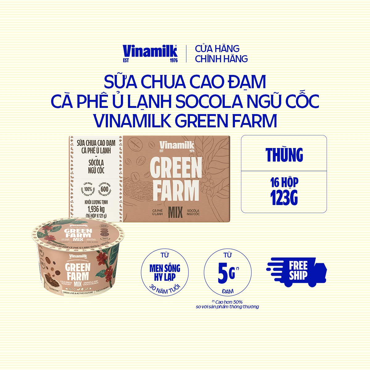 [CHỈ GIAO TRONG BÁN KÍNH 10KM] Thùng 16 Hộp Sữa Chua Ăn Cao Đạm Cà Phê Ủ Lạnh Socola Ngũ Cốc Vinamilk Greenfarm - Hộp Flip Cup 123g