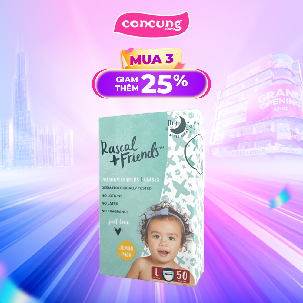 Tã dán sơ sinh Rascal & Friends (L, 10-15kg, 50 miếng)