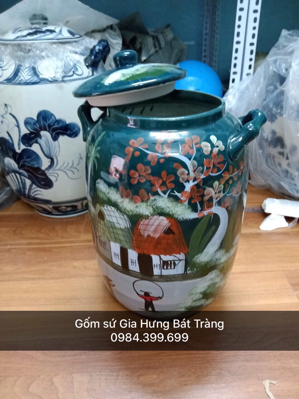 Hũ đựng gạo 10kg gốm sứ Gia Hưng Bát Tràng men xanh ngọc
