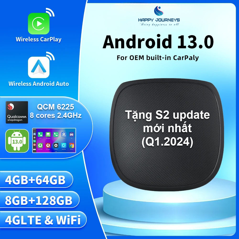 Android box cho ô tô, AI BOX, chip Qualcomm 6225 8 nhân, bộ nhớ 4Gb+64Gb/8Gb+128Gb, tặng S2, BH 12 tháng