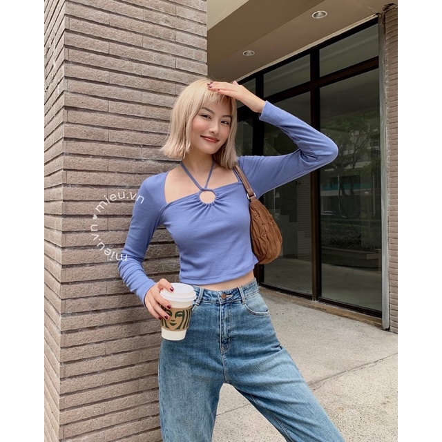 Áo croptop nữ kiểu yếm dài tay cột dây chéo MIEU - JM07