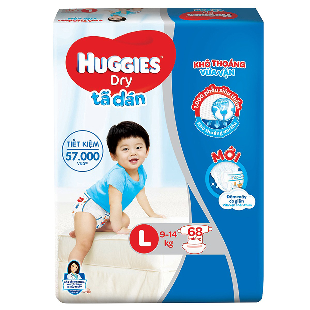 [HCM]Tã Dán Huggies Dry Gói Cực Đại L68 (68 Miếng) - Bao Bì Mới