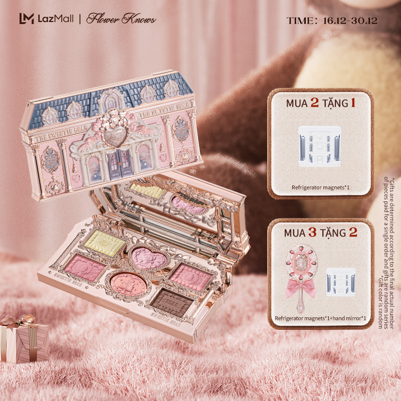   NEW Flower Knows The Sweetie Bear Collection 6-Color Makeup Palette phấn mắt Tông màu Matte & Ánh kim. Lên màu chuẩn và lâu trôi. Hiệu ứng trang điểm tinh tế  Tông màu nâu & hồng cho ngày thường 