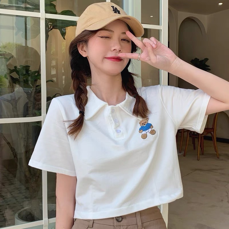 Áo croptop cộc tay dưới 55kg polo thêu gấu_ts97crt