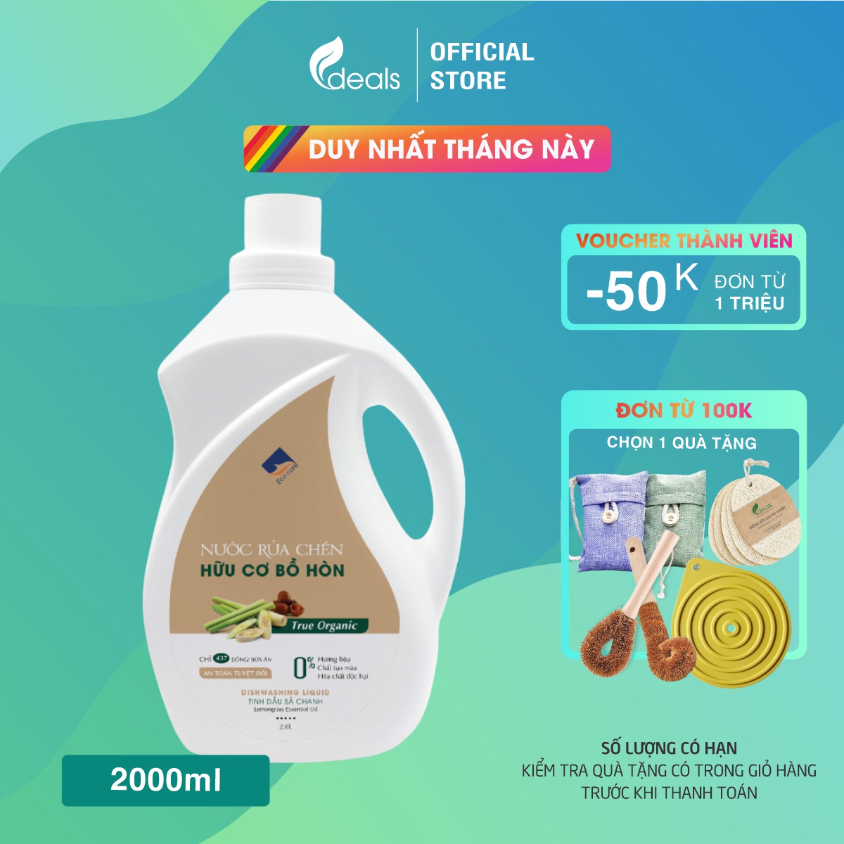 Nước rửa chén bồ hòn hữu cơ ecocare 2 lít - sạch dầu mỡ, tinh dầu khử mùi, tiết kiệm 30% nước