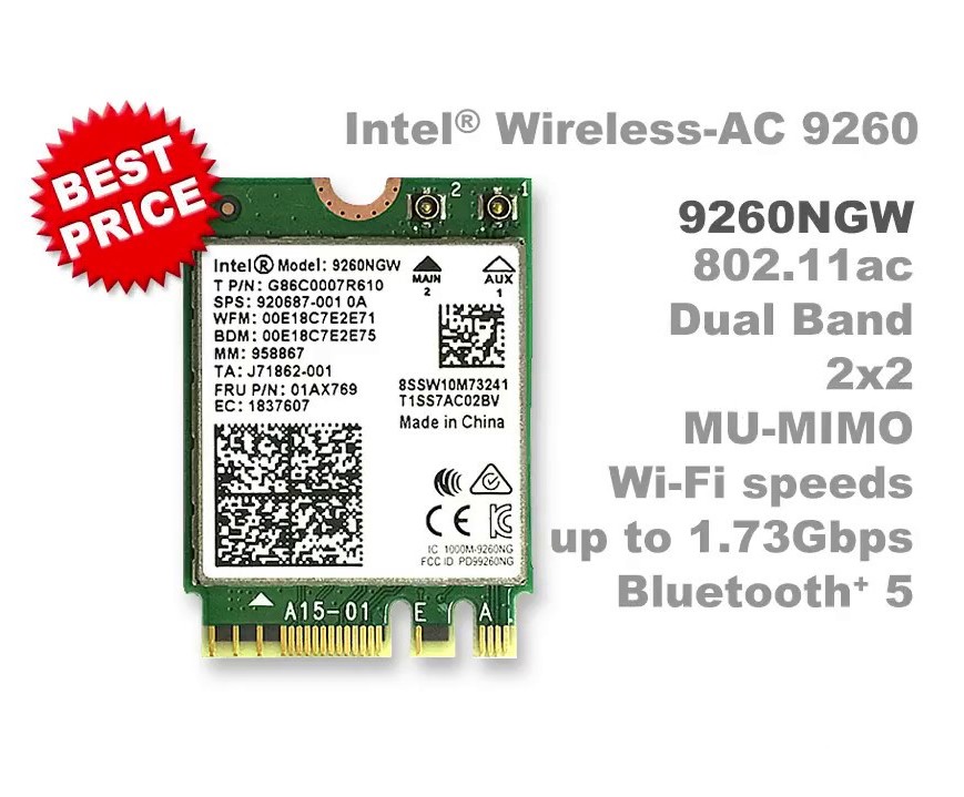 Card wifi bluetooth intel ac 9260 ngw, mu mimo, khe lot chuẩn m2 ngff - thiết bị mạng không dây wireless 2.4g 5g