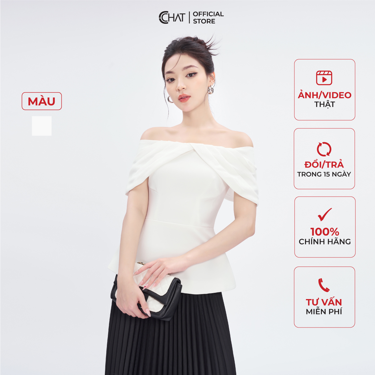 Áo kiểu nữ cchat hở vai xếp nếp chất tuytsi cao cấp 53ans2018pt