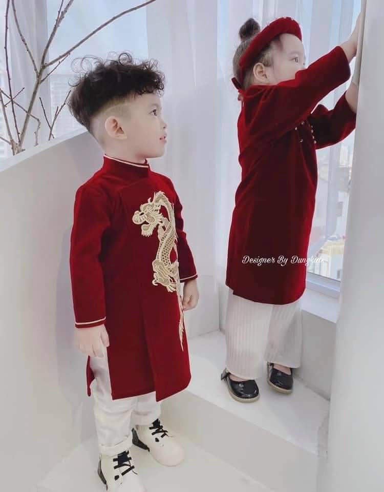 Áo dài nhung đỏ diện tết cho bé trai bé gái