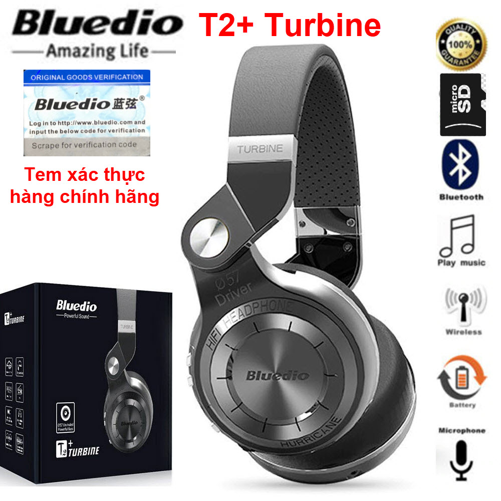 Tai nghe Bluetooth 5.0 Bluedio Turbine T2+ blueooth 5.0 âm thanh Streo Bass to Có FM và Mic, phiên bản nâng cấp Tai nghe chụp tai F10 đen, Tai nghe chụp tai cao cấp có khe thẻ nhớ Bluetooth P47