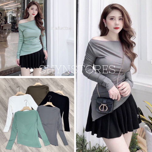 Áo lệch vai nữ Shynstores - aaso thun lệch vải cổ thuyền vạt chéo vải borip co giãn mềm mịn freeship