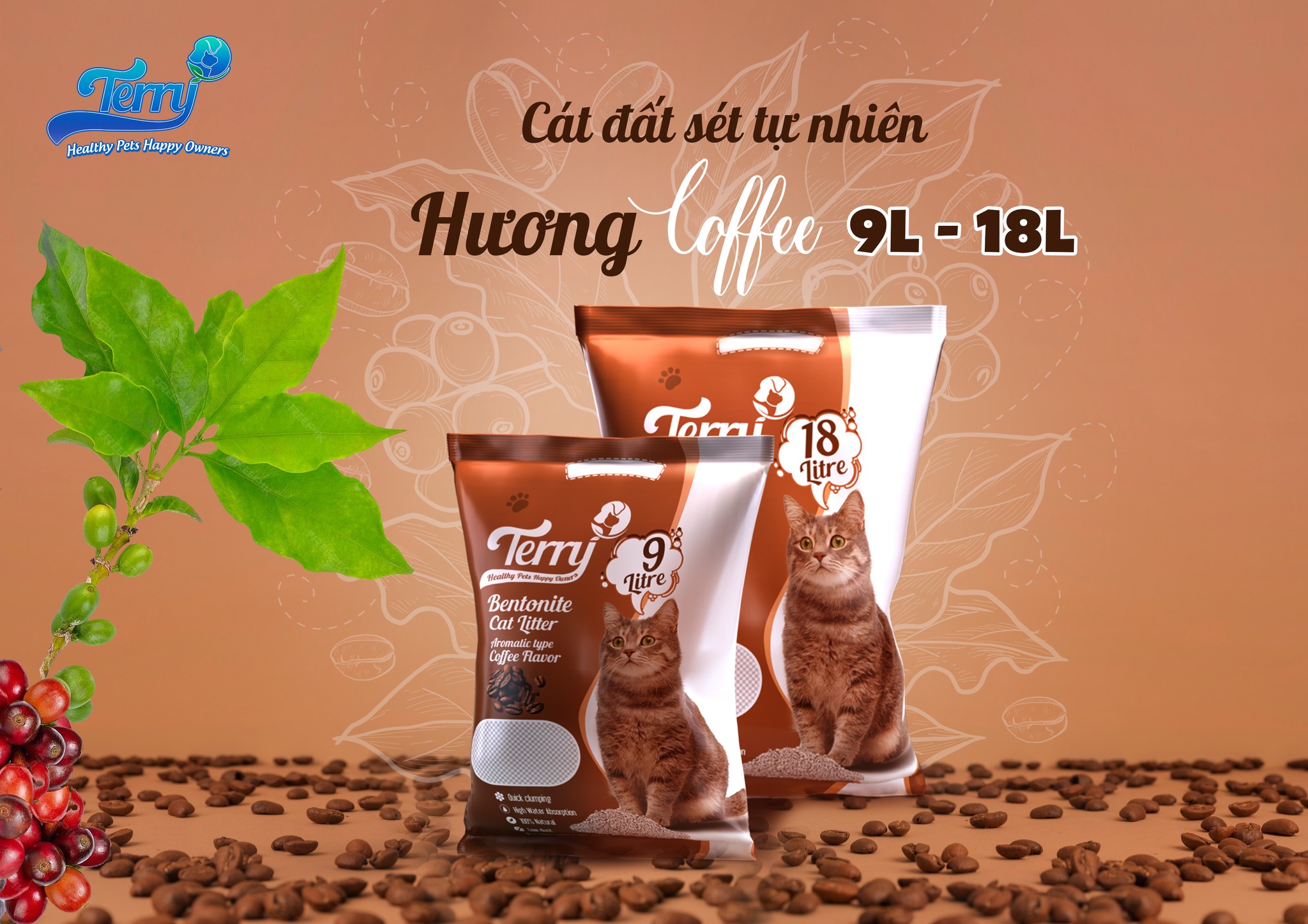 Cát đất sét vệ sinh cho mèo mùi cà phê terry bentonite cat litter 9L coffee sản xuất tại trung quốc
