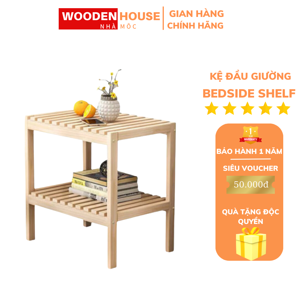Kệ gỗ tab đầu giường gỗ thông cao cấp wooden house, kệ gỗ đầu giường tab 2 tầng đa năng thông mình trang trí nhà cửa