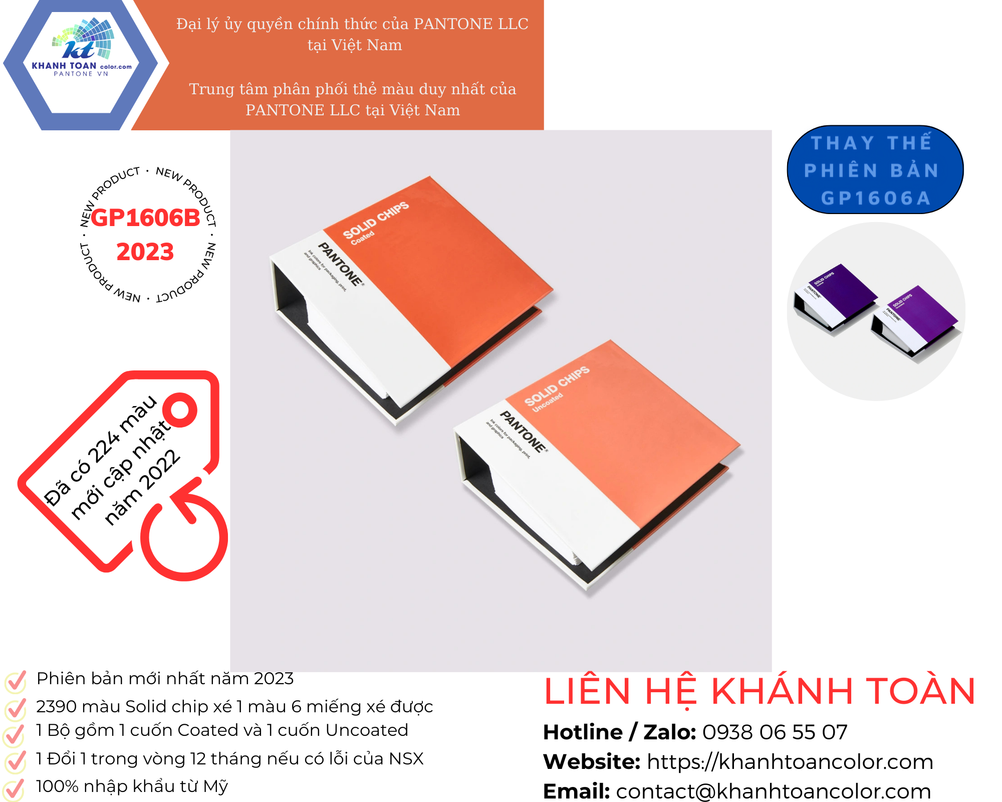 (Đã có VAT 8%) Bộ bảng màu Pantone Solid Chip Book GP1606B - 2 cuốn Coated và Uncoated - Phiên bản năm 2023 - 2390 màu Solid dạng chip xé 1 màu có 6 miếng xé được - Nhập khẩu từ PANTONE LLC Mỹ