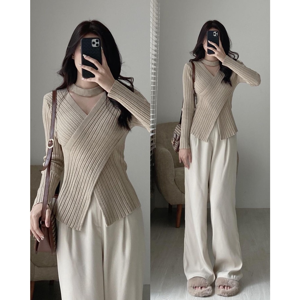 Áo len vạt chéo cổ choker mã Aolenvatcotim280