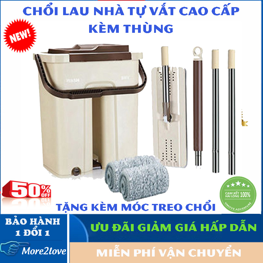 Cây Lau Nhà Tự Vắt Kèm Thùng đa năng thông minh - Khô Nhanh Gấp 3 Lần Các Khăn Lau Thông Thường Khác - Chổi Lâu Nhà Loại Tốt, Cây Lau Nhà Xoay 360, Dụng Cụ Lau Dọn Nhà Cửa - More2Love