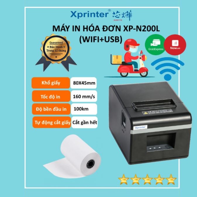 Máy in hoá đơn K80 Xprinter XP-N200W WIFI in bill Không Dây từ điện thoại máy tính PC sử dụng giấy in nhiệt K80 80mm