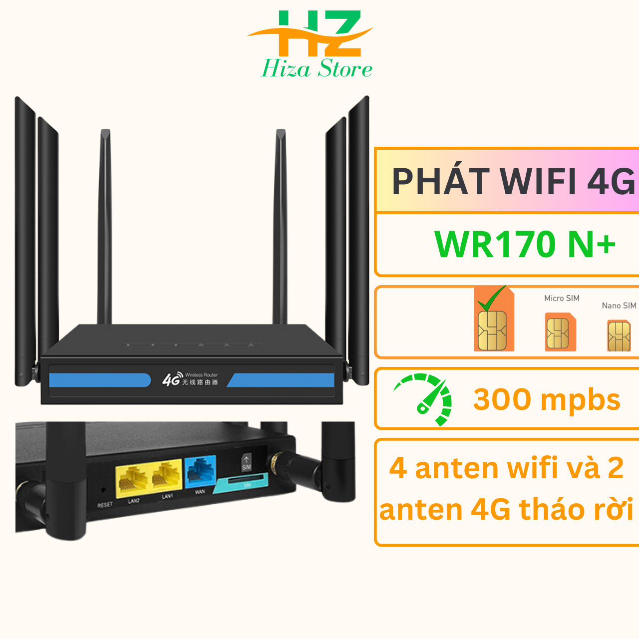 Phát wifi từ sim 4G WR170 N+ với 4 anten phát wifi và 2 anten thu sóng 4g chuẩn sma tháo rời được
