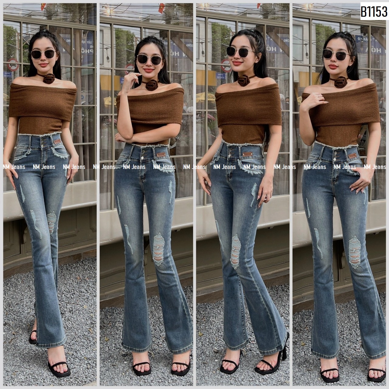 Quần jean nữ loe 3 nút rách tua lưng màu xanh bụi
