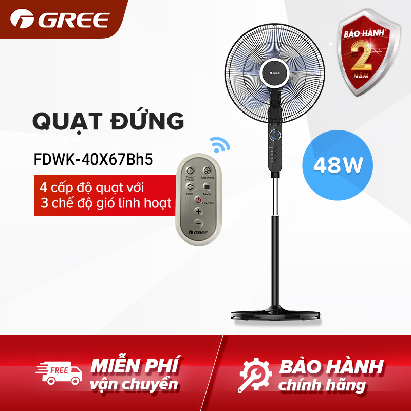 Quạt đứng Gree (Đen) FDWK-40X67Bh5 (Điều khiển từ xa, hẹn giờ - Công suất 48W tiết kiệm điện) - Hàng phân phối chính hãng Bảo hành 2 năm
