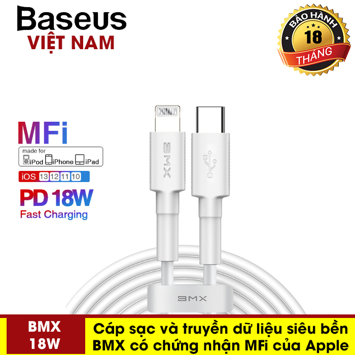 [BẢO HÀNH 12 THÁNG] Cáp sạc nhanh Baseus BMX Mini White MFi Certified Cable 18W Type-C to Lightning cho iPhone 11 Pro Max XS XR X 8 Plus