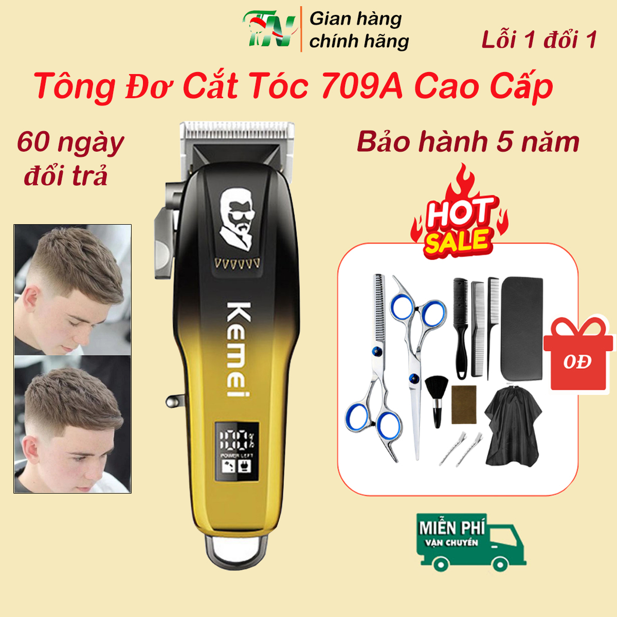 (CHÍNH HÃNG)Tông đơ cắt tóc, Máy cắt tóc hớt tóc gia đình, trẻ em, không dây, chuyên nghiệp kemei 709A Tăng đơ hớt tóc lưỡi dao sắc bén, pin trâu, tông đơ hớt tóc cao cấp