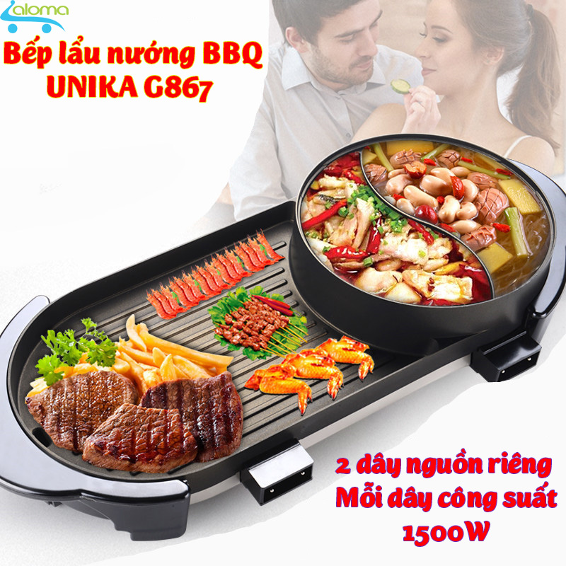 Bếp lẩu nướng BBQ không khói 2 dây nguồn riêng kèm nồi lẩu tặng bộ thìa đũa bằng inox 304