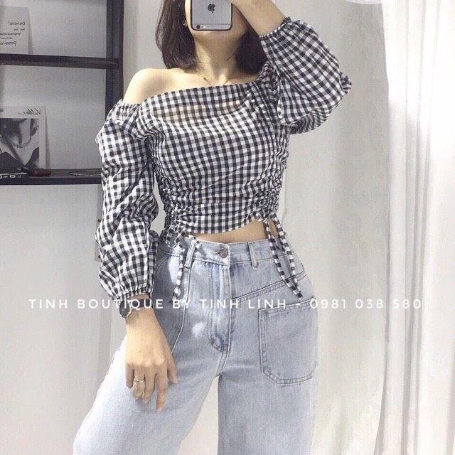 Áo kiểu nữ tay dài họa tiết caro rút dây 2 bên lạ mắt, sang chảnh 11239B1