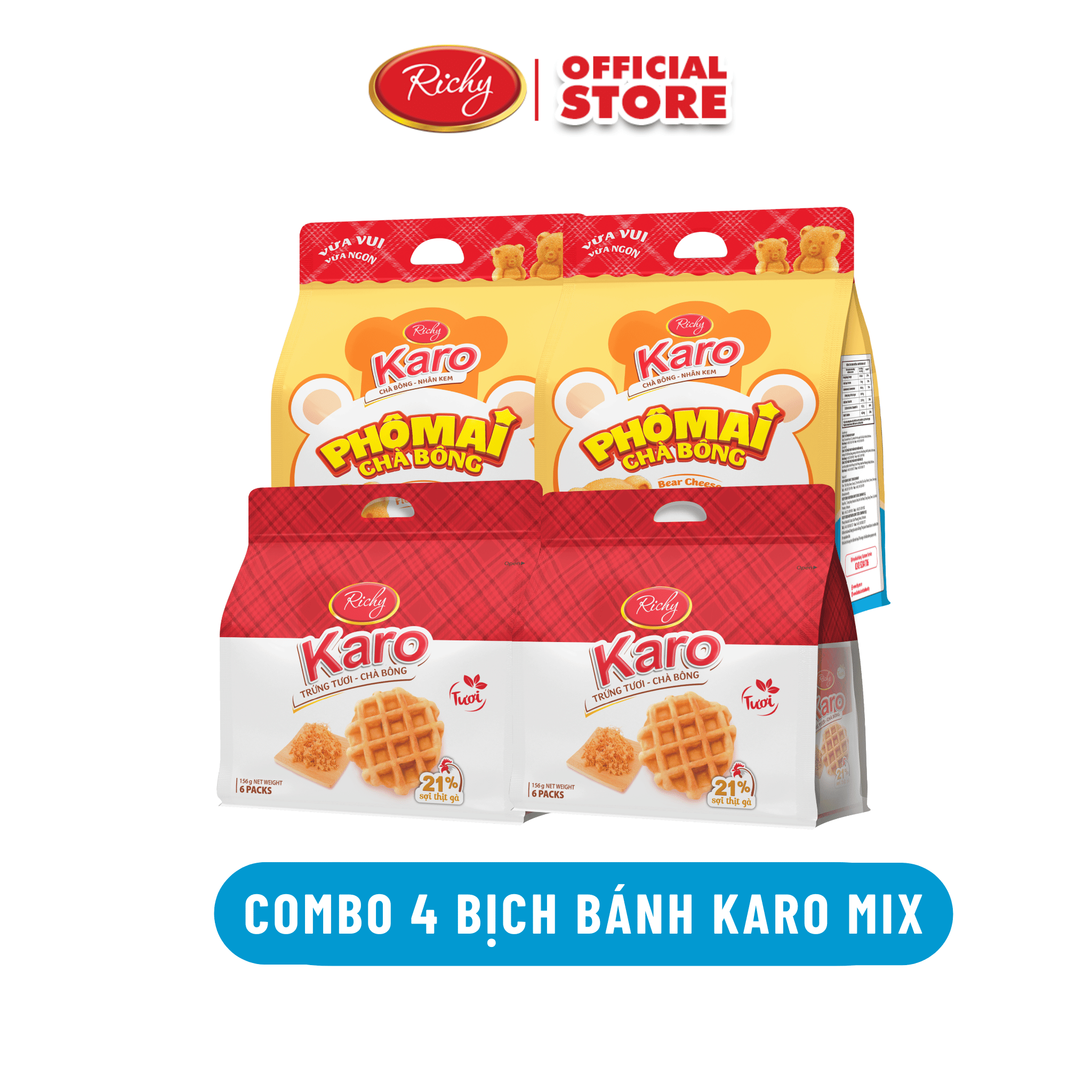 [BAO BÌ MỚI] Combo 4 Bịch Bánh Karo Gấu mix Karo sợi gà, Bánh tươi ăn sáng dinh dưỡng, ăn vặt , HSD 45 ngày từ NSX - Khách hàng cân nhắc khi mua số lượng lớn - Bánh kẹo Richy