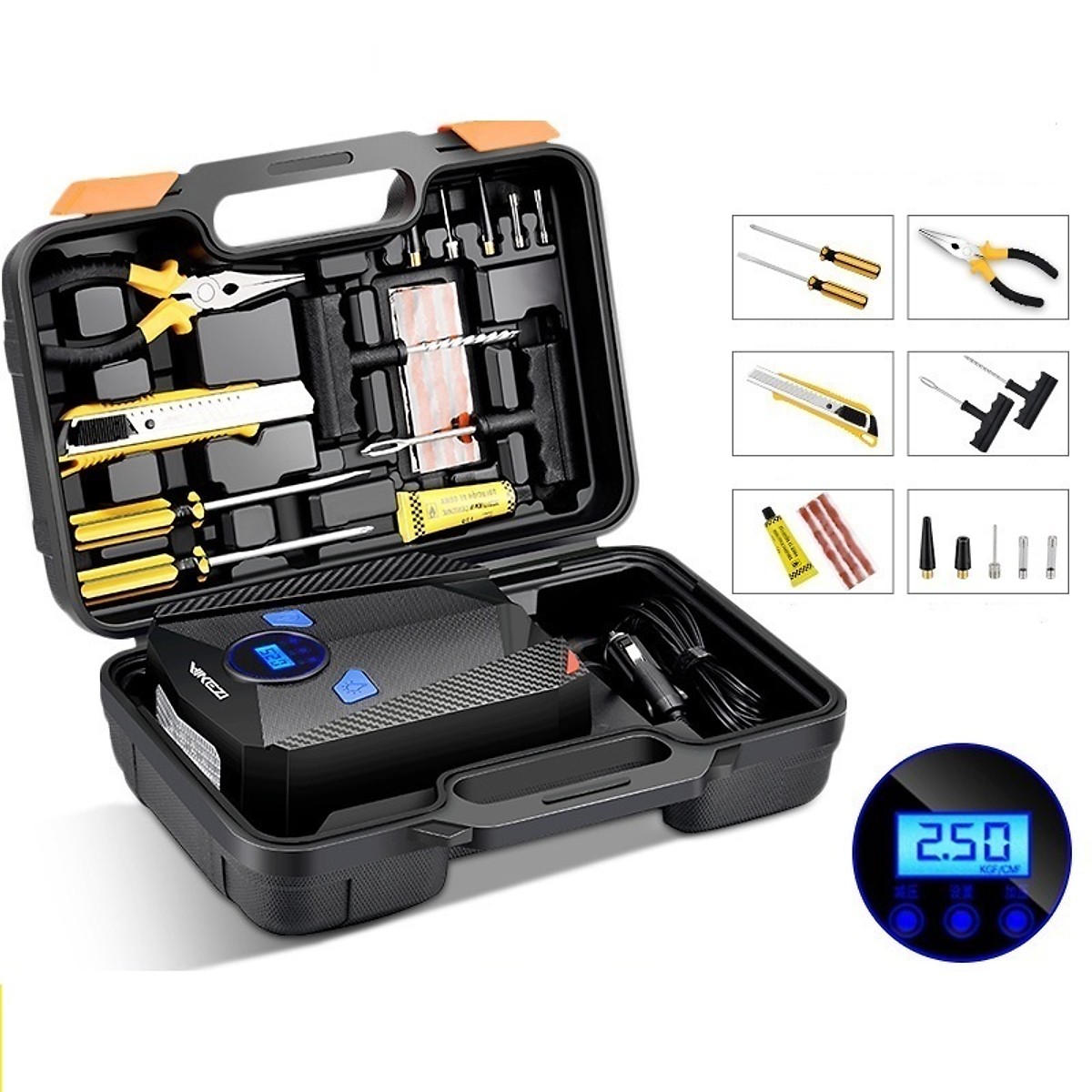 Bơm lốp ô tô - bơm điện tử tự ngắt aikesi + kèm hộp dụng cụ