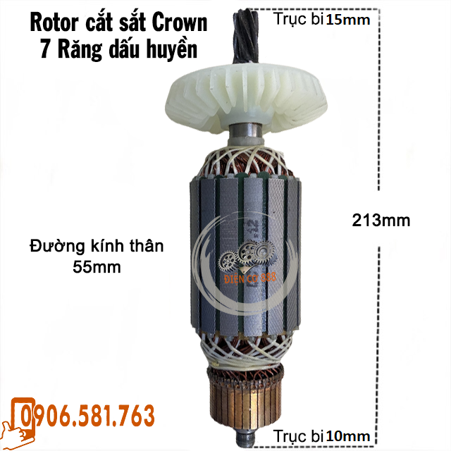 Rotor cắt sắt Crown 7 Răng dấu huyền Thân 55mm Dài 213mm - Tặng chổi than