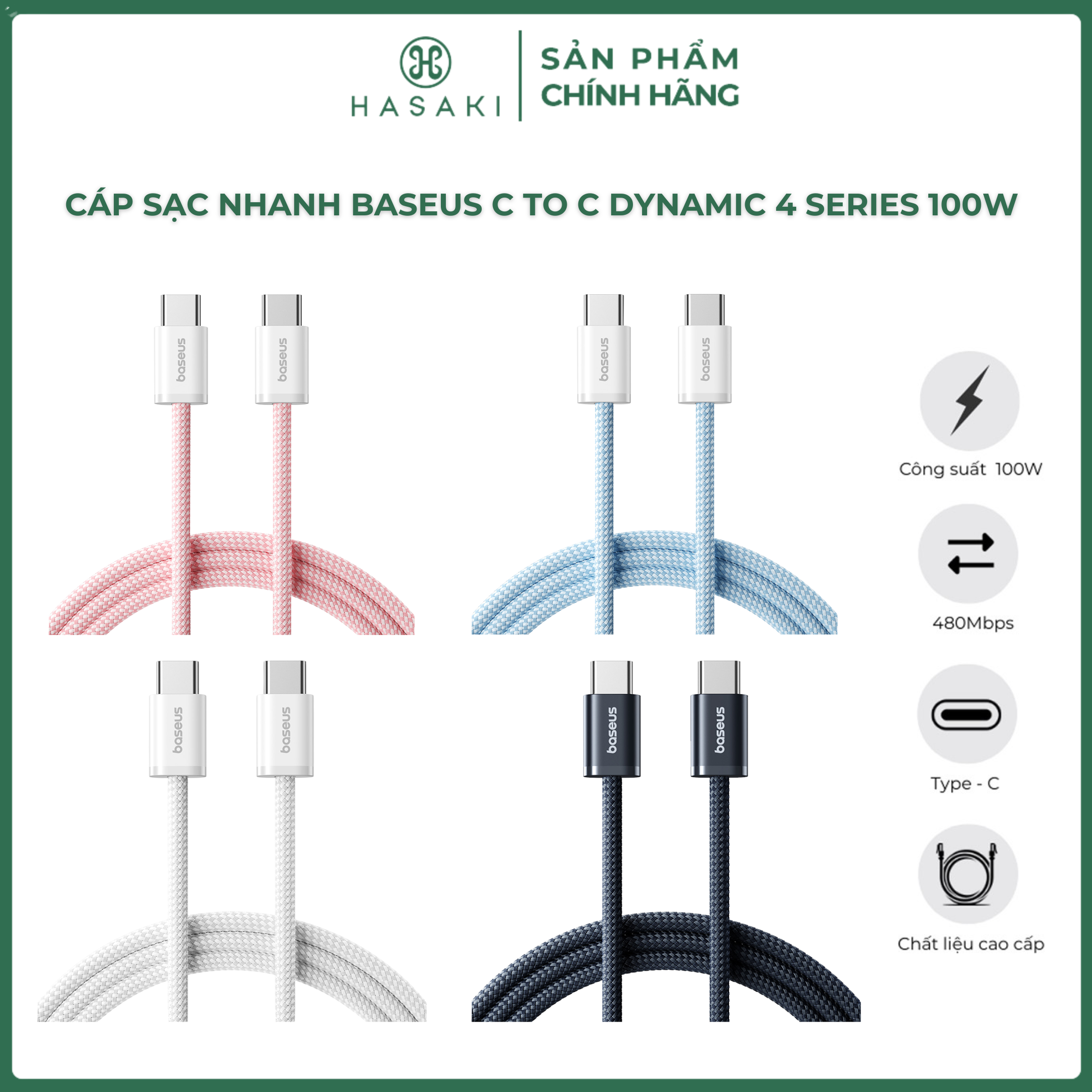 Cáp Sạc Nhanh Baseus C To C Dynamic 4 Series 100W 1M - 2M (Nhiều Màu) Hasaki Sản Phẩm Chính Hãng