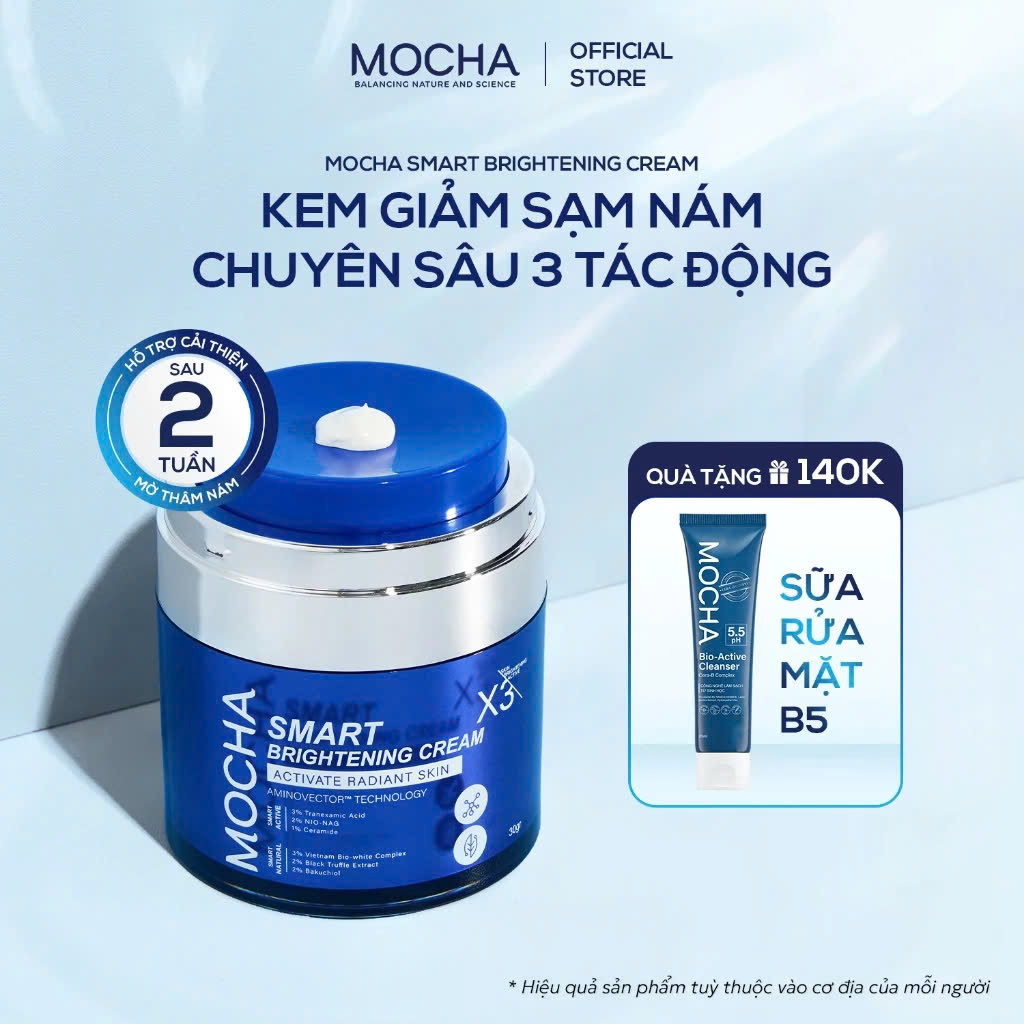 Kem Giảm Sạm Nám Chuyên Sâu Mocha Smart Brightening Cream 30gr tặng sửa rửa mặt