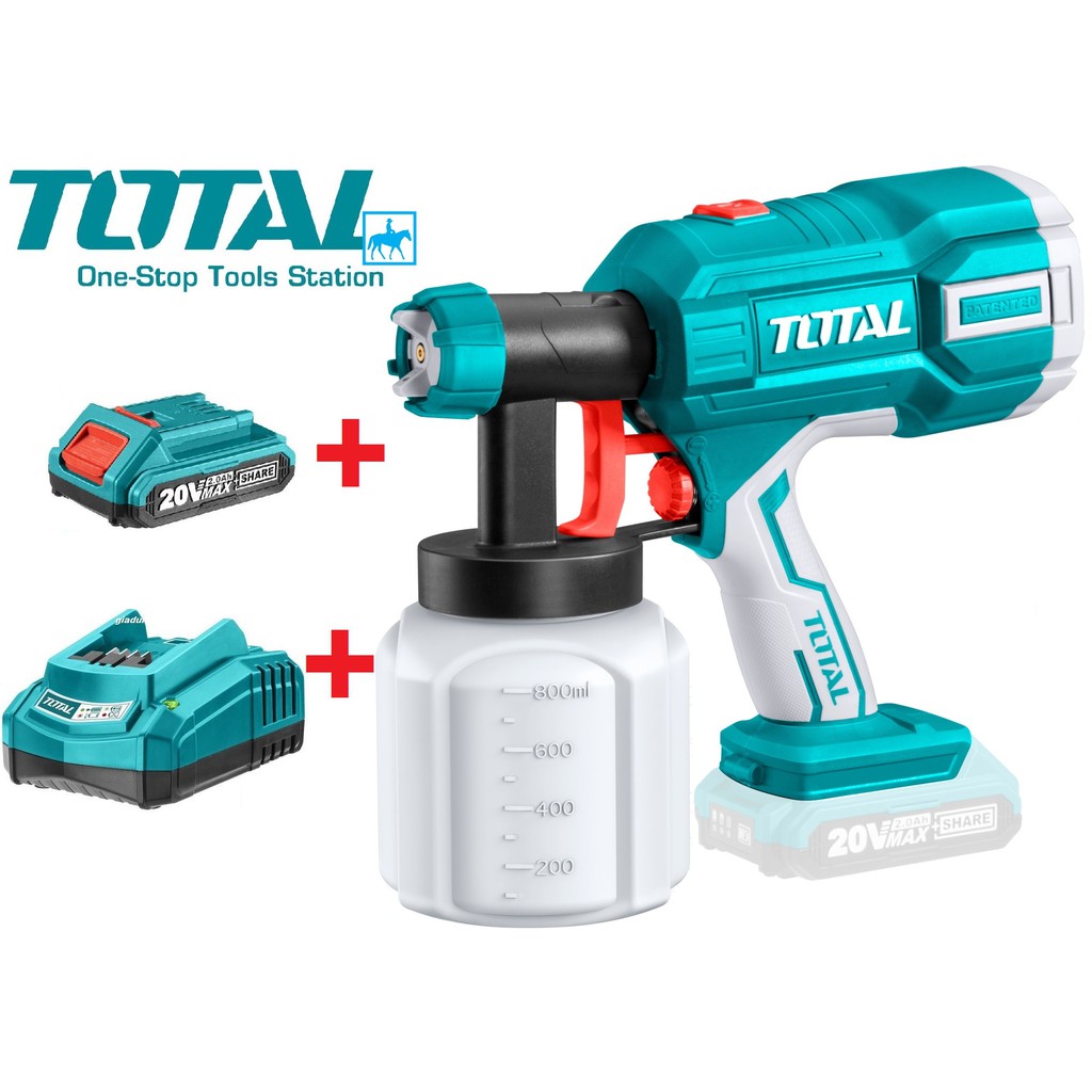 Dụng cụ phun sơn dùng pin 20v total tsgli2001 bao gồm pin 20v và đế sạc nhanh điện sài gòn