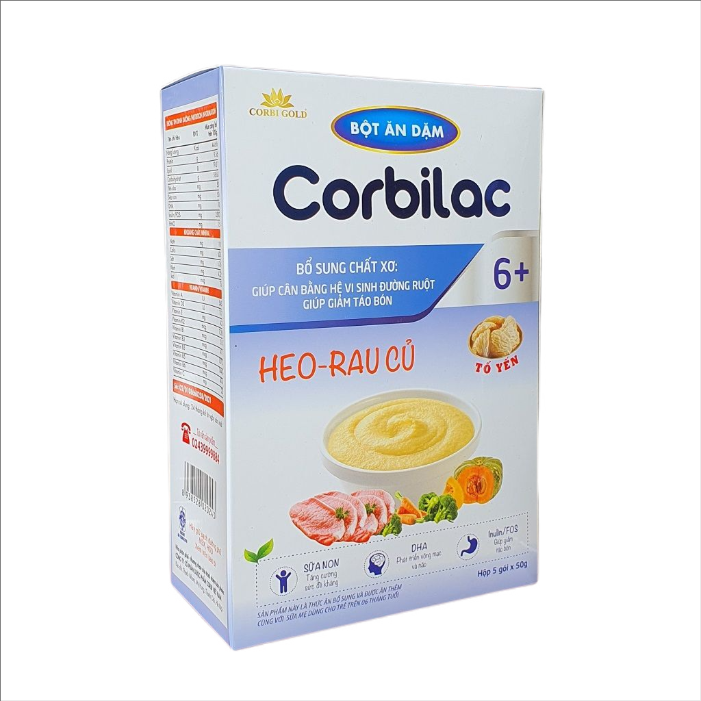 Bột ăn dặm bổ sung sữa non, yến sào cho trẻ từ 6 tháng Corbilac - Heo rau củ (Hộp 5 gói x 50g)